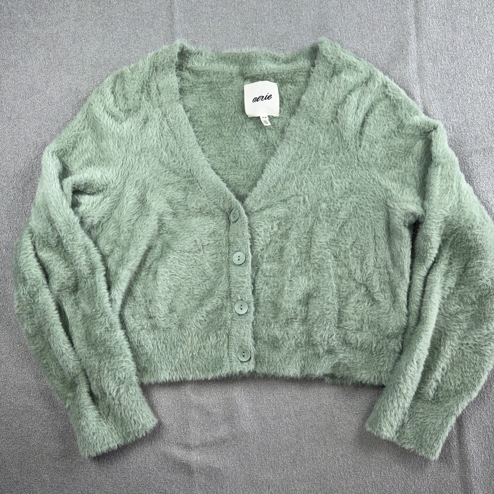 Aerie Sweater Womens Medium Green Fuzzy Cardigan Oversized Cozy Cropped Coquette